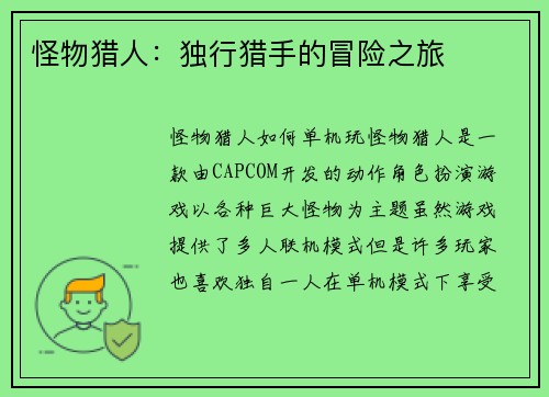 怪物猎人：独行猎手的冒险之旅